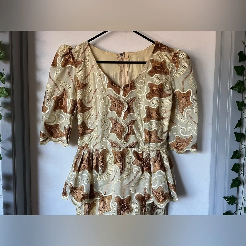 Handmade elegant women’s special occasion peplum gown in brown yellow Size S - Picture 3 of 14